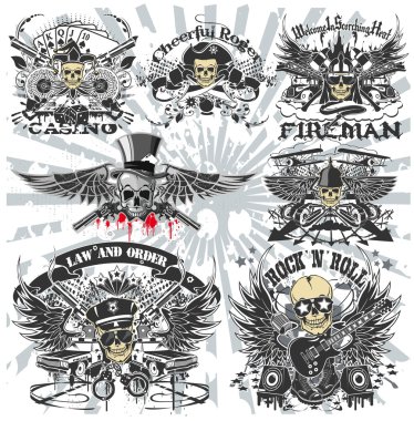 Set of Stickers on the shirts with a skull clipart