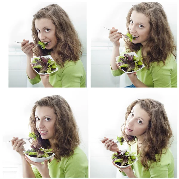 La muchacha come la ensalada del verde fresco — Foto de Stock