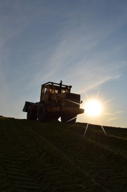 The bulldozer rams a silage hole at an evening dawn. clipart