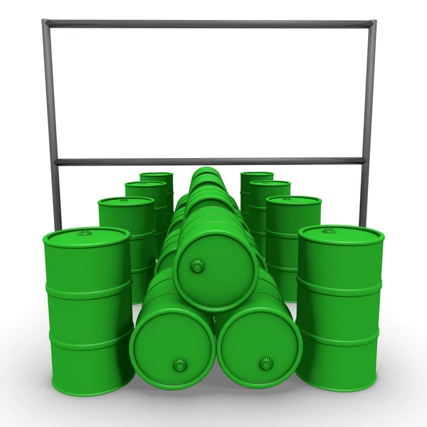 Green barrels with blank billboard — Stock Photo, Image