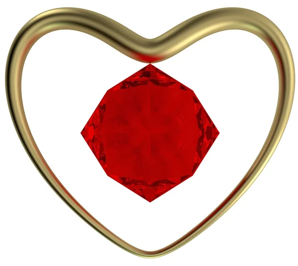 Der goldene Ring in Herzform und ein Rubin — Stockfoto