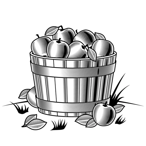 Boisseau rétro de pommes noir et blanc — Image vectorielle