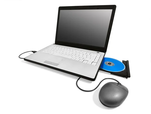 Ноутбук с открытым лоток компакт-диск и мышь — стоковое фото