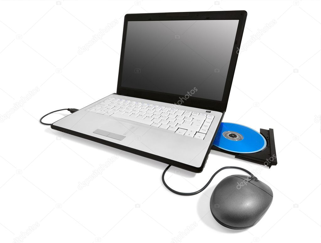 Laptop with open compact disc tray and mouse