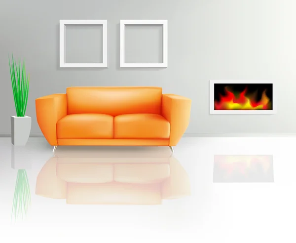 Oranje sofa en open haard — Stockvector