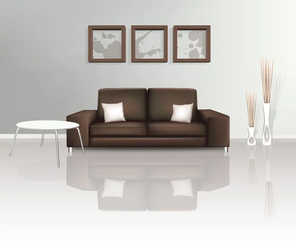 Современное жилое пространство с коричневым диваном Векторная Графика