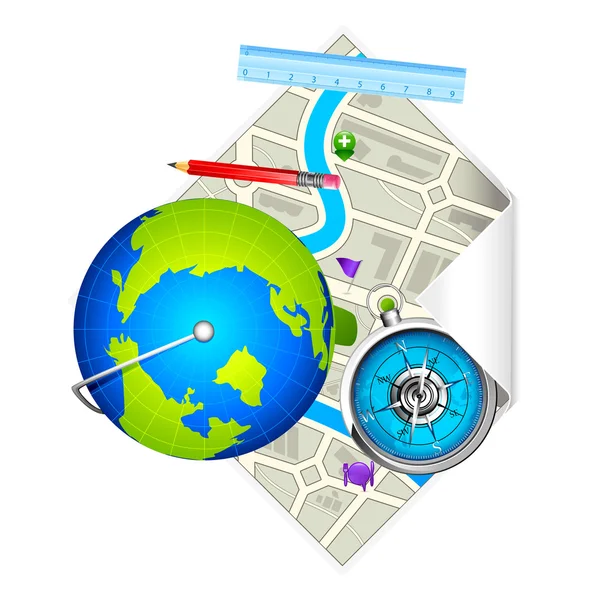 Globus und Kompass auf Karte — Stockvektor