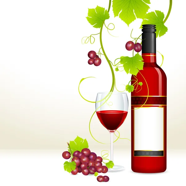 Uva com garrafa de vinho e vidro — Vetor de Stock