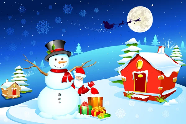 Sneeuwpop met santa — Stockvector