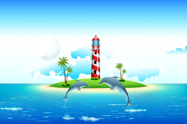 Vista al mar con delfines y Faro — Stockvector