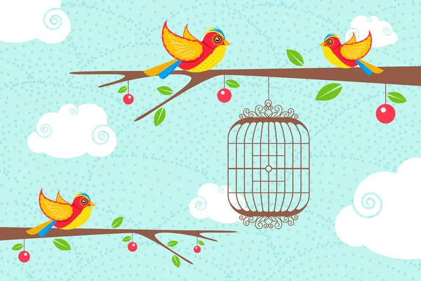 Lindos pájaros sentados en el árbol — Vector de stock