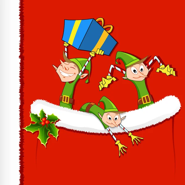 Elfe wirft dem Weihnachtsmann Geschenke aus der Tasche — Stockvektor