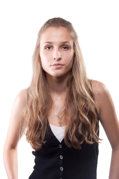 Ritratto di una bella ragazza con fiore peluche dai capelli lunghi — Foto Stock