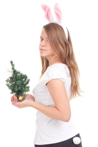 Chica vestida como un conejo con árbol de Navidad en las manos —  Fotos de Stock