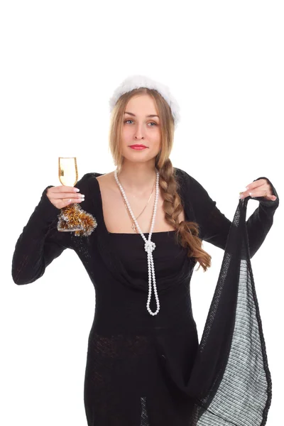 Lány ünnepel Karácsony, egy üveg bor — Stock Fotó