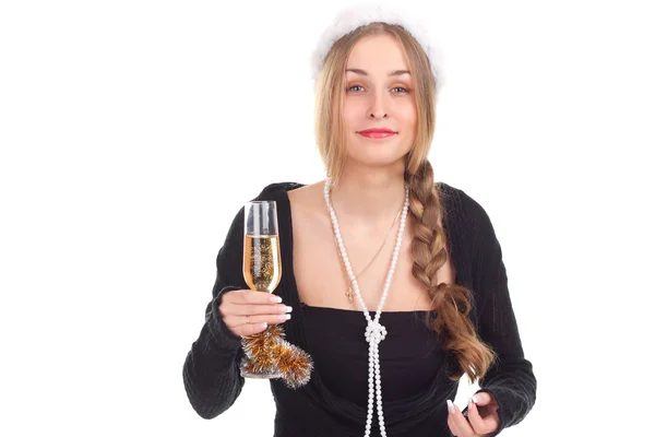 Chica celebra la Navidad con una copa de vino —  Fotos de Stock