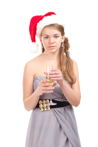 Menina celebra o Natal com um copo de vinho — Fotografia de Stock