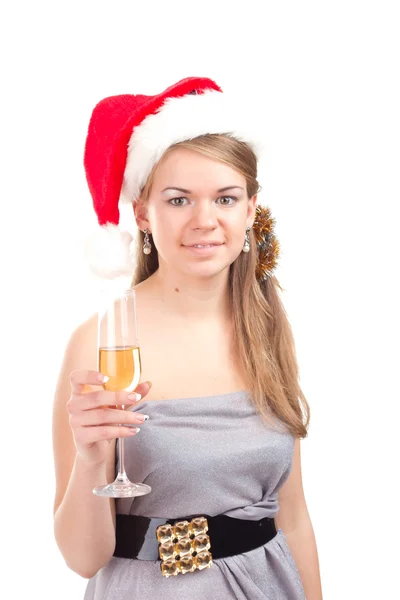 Κορίτσι γιορτάζει τα Χριστούγεννα με ένα ποτήρι κρασί — Φωτογραφία Αρχείου