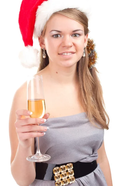 女孩庆祝圣诞节与一杯红酒 — 图库照片
