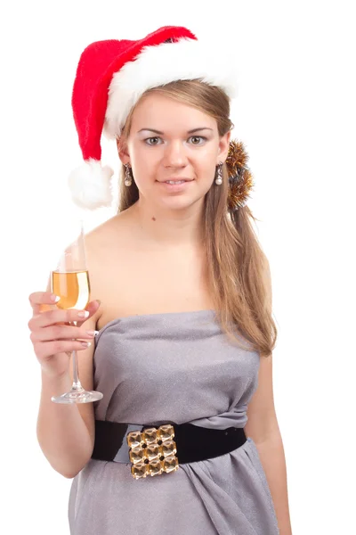 Kız bir kadeh şarap ile Noel kutluyor — Stok fotoğraf