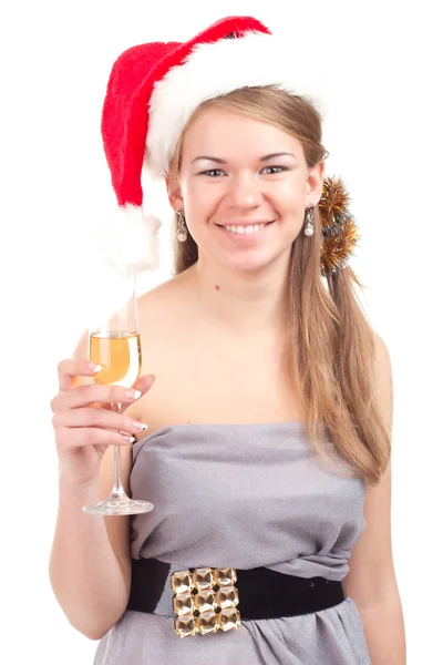 Menina celebra o Natal com um copo de vinho — Fotografia de Stock