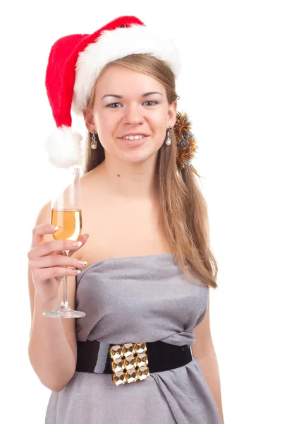 Girl celebrates Christmas with a glass of wine — Stock Photo, Image