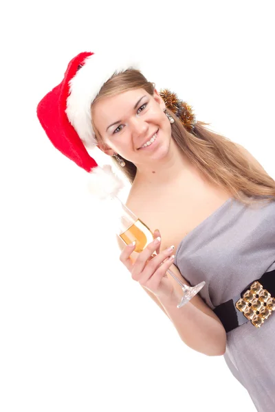 Girl celebrates Christmas with a glass of wine — Stock Photo, Image