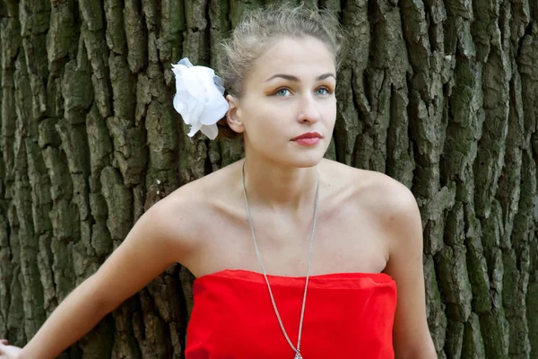 Ładna dziewczyna w czerwonej sukience jesienią w lesie — Zdjęcie stockowe