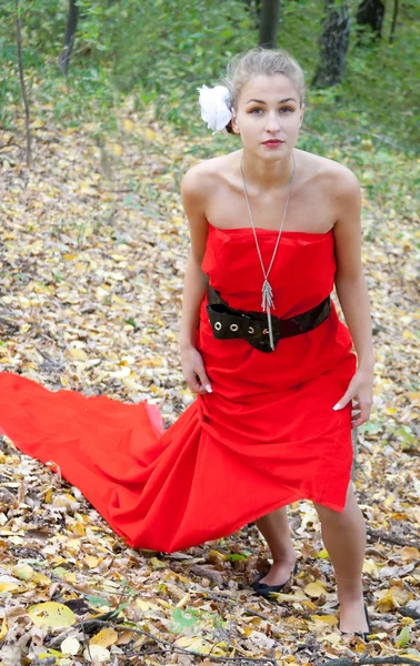 Menina bonita em vestido vermelho no outono na floresta — Fotografia de Stock