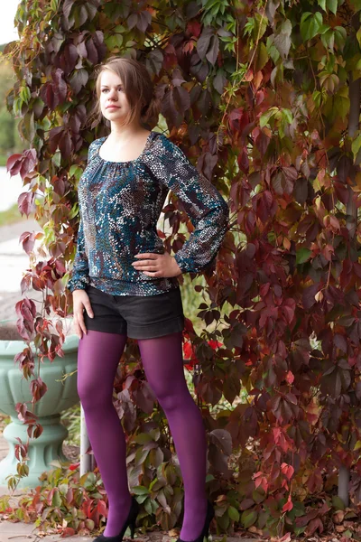 A szép lány a lila harisnya-ősz — Stock Fotó