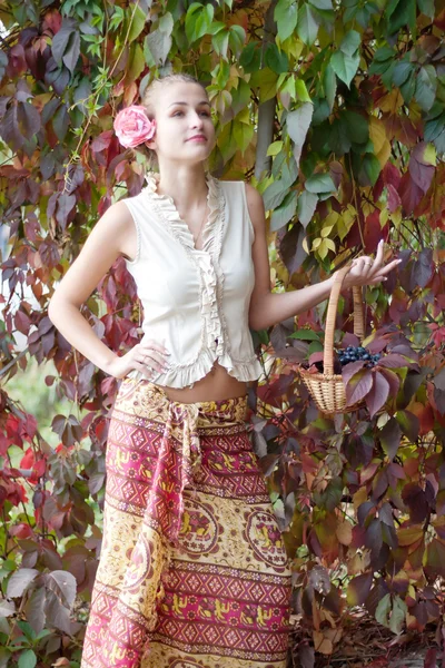 Piękna dziewczyna w długiej spódnicy z koszem winogron — Zdjęcie stockowe