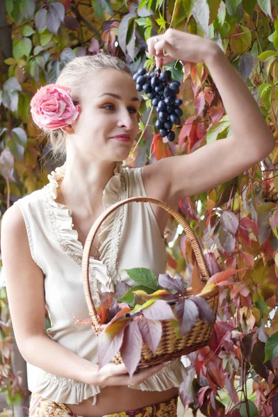 Beautiful girl in a long skirt with a basket of grapes — Stock Photo, Image