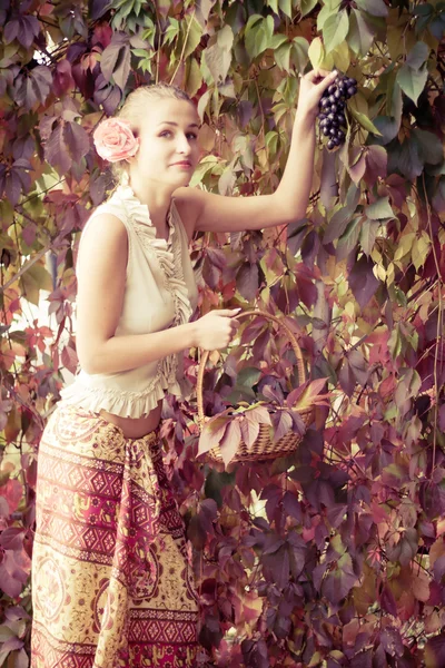 Bella ragazza in una gonna lunga con un cesto d'uva — Foto Stock