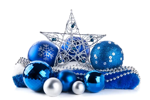 Composition of the blue christmas balls and star — стоковое фото