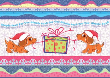 Vector illustration of two puppies. Unleashing a Christmas gift. Postcard. clipart