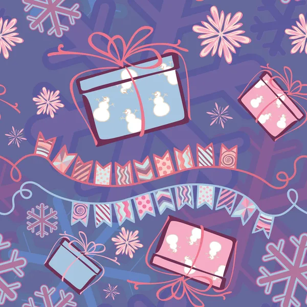 Бесшовная композиция рождественских праздничных предметов. Подарки снежинки — стоковый вектор