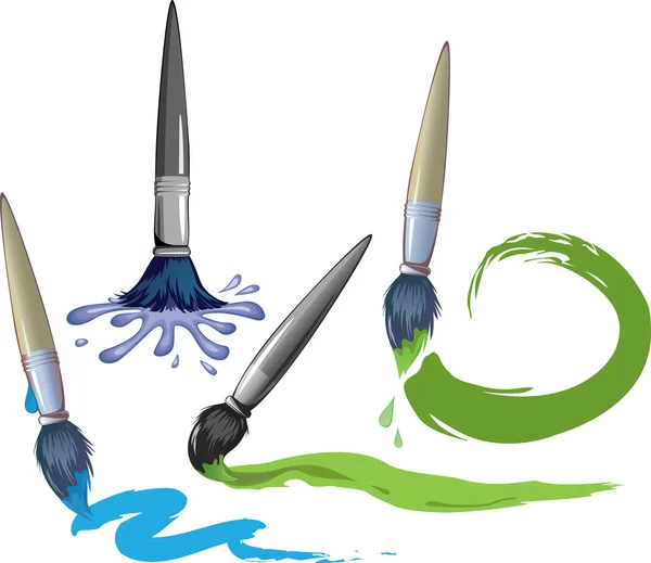 Paint brushes in their work. Blots, lines and strokes. — Stock Vector