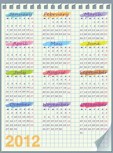 Календар на 2012 рік. Тиждень починається в понеділок. залишає клітину . — стоковий вектор