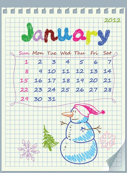 Ημερολόγιο για τον Ιανουάριο 2012. άσκηση βιβλίο σε ένα κλουβί — Διανυσματικό Αρχείο