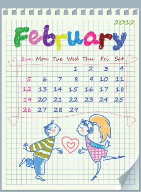 Calendar for February 2012. The week starts with Sunday. Illustration of Va clipart