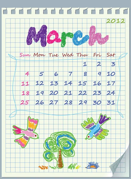 Calendar for March 2012. The week starts with Sunday. Illustration of sprin — Stock Vector