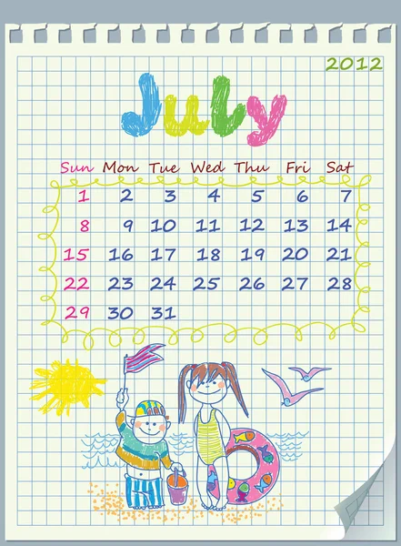 Calendario per luglio 2012. La settimana inizia con la domenica. Illustrazione della s — Vettoriale Stock