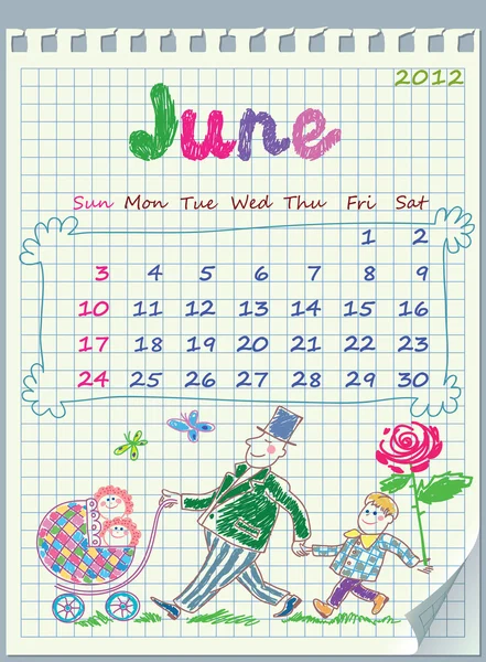Календарь на июнь 2012 года. Неделя начинается с воскресенья . — стоковый вектор