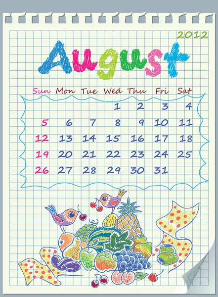 Calendário para agosto de 2012. A semana começa no domingo. Ilustração do — Vetor de Stock