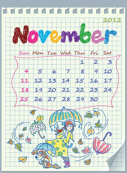 Ἡμερολόγιον Νοεμβρίου 2012. η εβδομάδα ξεκινά με την Κυριακή. εικονογράφηση του — Διανυσματικό Αρχείο