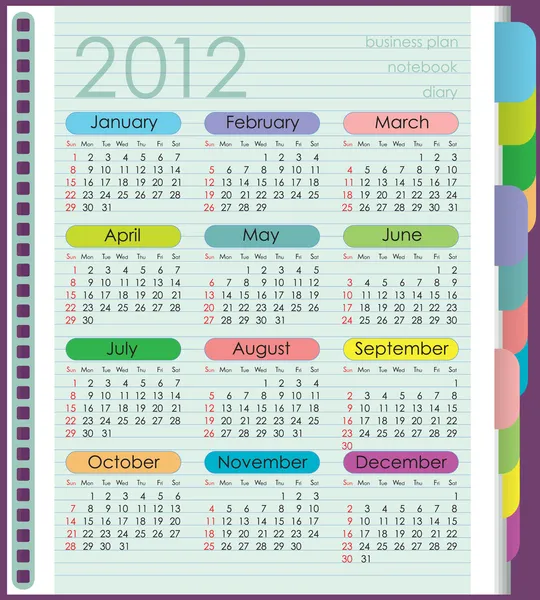 Calendar for 2012. The week starts with Sunday. Diary with colored tabs. Sh — Stock Vector