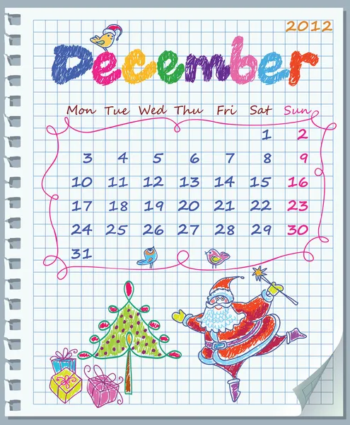 Calendrier pour décembre 2012. La semaine commence lundi. Illustration de Noël — Image vectorielle