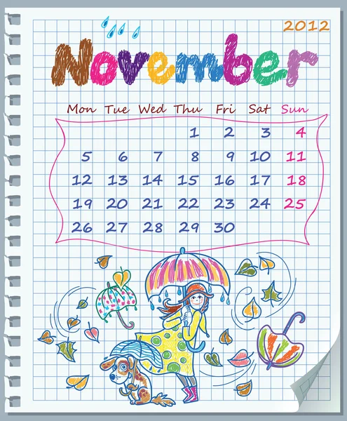 Calendar for November 2012. Week starts on Monday. — Stock Vector