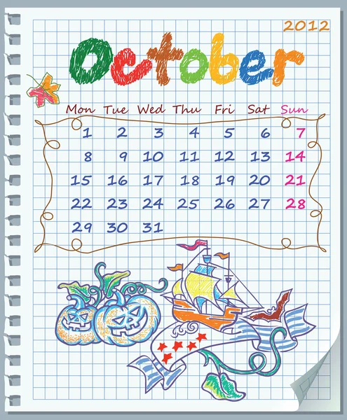 Kalenderblatt für Oktober 2012. Die Woche beginnt am Montag. Illustration von Halloween — Stockvektor