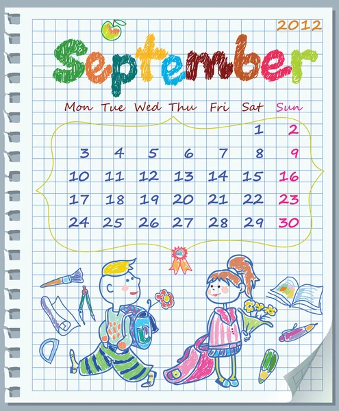 Календар за серпень 2012 року. Тиждень починається в понеділок. Ілюстрація школи — стоковий вектор
